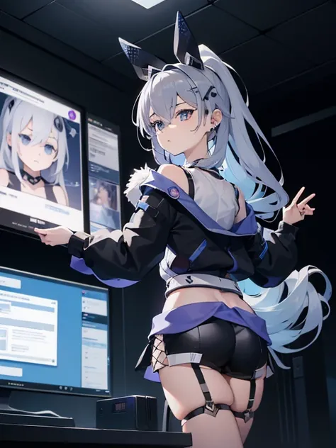 1girl, young, cute, long silver hair, blue eyes, wearing plain blue hoodie, dark room, hacker, computer, headset with black cat ears, absurdres, high res, ultrasharp, 8K, masterpiece, looking at computer screen