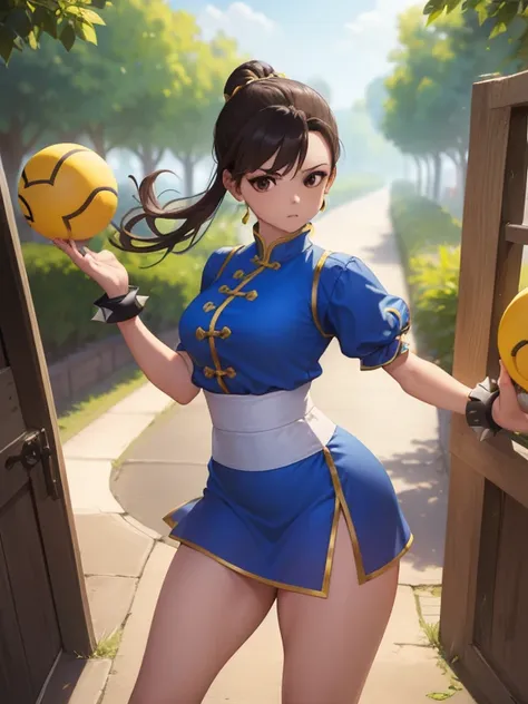 chunli, chun li, (brown eyes:1.5), by the chestnut, (cubierta de bollo:1.5), doble bien, delineador de ojos, topknot, lipstick, ...