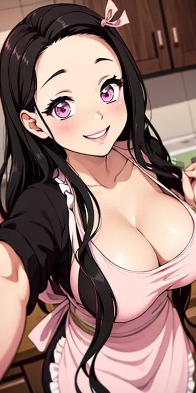 (Best quality:1.3), Nezuko Kamado, large breasts, naked, apron, cleavage, (pov, close shot), standing, kitchen background, smiling, black hair, pink eyes