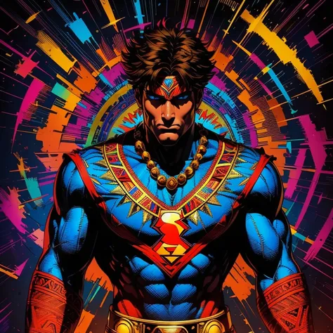 masterpiece, top quality, best quality, official art, beautiful and aesthetic:1.2, Aztec Native Superman, intricately designed, vibrant colors, intricate details representing Aztec culture, superhero pose, superman logo on chest, feather headdress, stern f...