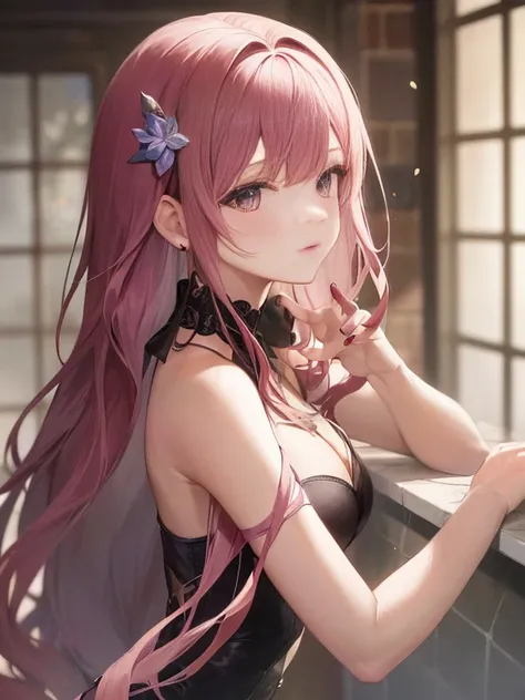 (best quality,4k,8k,highres,masterpiece:1.2), ultra-detailed, realistically depicted anime girl, with long flowing light violet hair, standing in a bathroom wearing a bath towel, portraying hands and eyes in exquisite detail, with a soft color palette, emp...