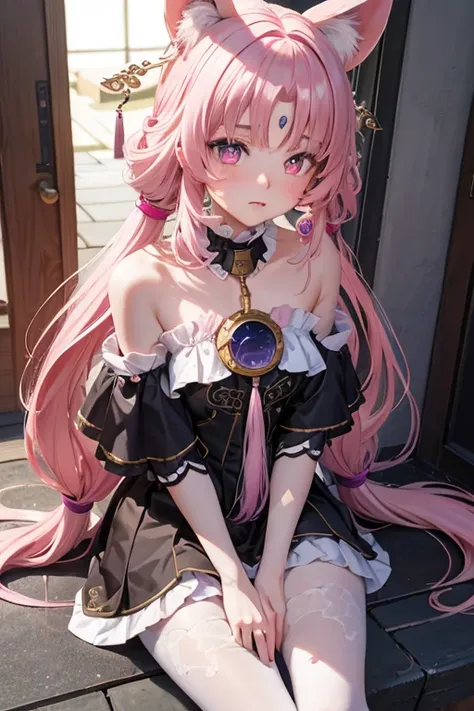 striated hair,Pink twin-tailed hair,   Mole under the eyes, mole under mouth, Heart-shaped pupil, longeyelashes, Pink eyes, Heart-shaped choker、full body Esbian、gazing at viewer、Shy, blush, nose blush,Anime style, Color Field Painting, Ray tracing, bloom, ...