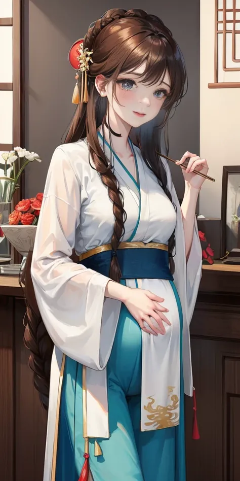 masterpiece, best quality, Married woman，pregnancy， aldult, Chinese style, China, elder sister,  Smile, brown hair, princess cut, Single fried dough stick braid，Flesh-colored tights，Full of motherhood，Hanfu，Pure desire，blushing，dignified yet lively，Mother，...