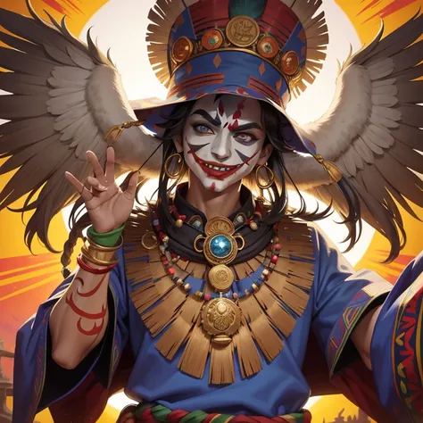 Aztec Native Joker, vibrant traditional attire, intricate Aztec patterns adorn his clothing, jesters hat with feathers, grinning mask revealing playful eyes,  surely a character out of a folklore tale, dynamic lighting, sun setting behind him casts golden ...