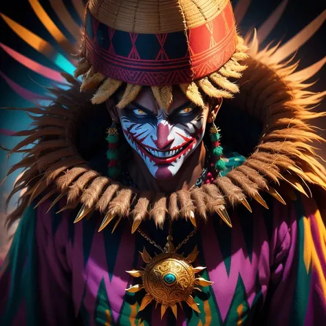 Aztec Native Joker, vibrant traditional attire, intricate Aztec patterns adorn his clothing, jesters hat with feathers, grinning mask revealing playful eyes,  surely a character out of a folklore tale, dynamic lighting, sun setting behind him casts golden ...