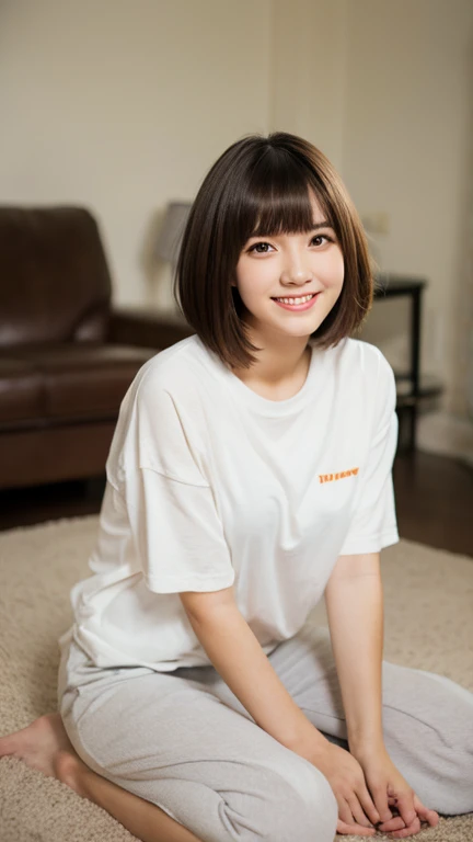 high school girl,young woman,hairstyle(Short length,short hair,Bangs Patsun),short hair,cute,beautiful girl,girly,adorable,sit on the floor,bend your legs,relax,accurate and perfect face,Super detailed,realistic,correct anatomy,Oversized shirts,big shirt,L...