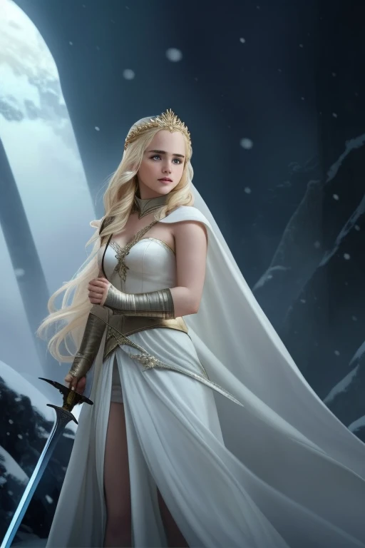 Blonde girl in white dress holding sword in dark room, Movie goddess shooting, Emilia Clarke plays the Greek goddess, Emma Watson plays blonde Aphrodite, Movie goddess full body photo, daenerys, still from a fantasy, Emma Watson plays the Snow Queen, also ...