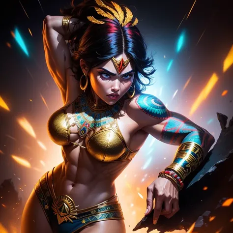 masterpiece, top quality, best quality, official art, beautiful and aesthetic: 1.5, aztec native wonder woman
striking pose, intricately detailed, vibrant colors, authentic native attire, golden accents, intricate tattoos, fierce expression, strong and mus...