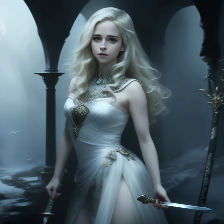 blond woman in white dress holding a sword in a dark room, cinematic goddess shot, emilia clarke as a greek goddess, emma watson as blond aphrodite, cinematic goddess body shot, daenerys, still from a fantasy movie, emma watson as the queen of ice, also kn...