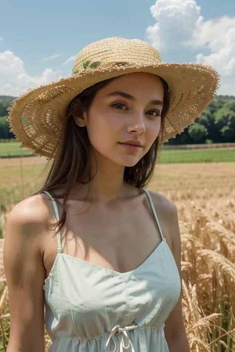 Beautiful woman with a friendly, white face, and a light green field, beautiful sky, with straw hat