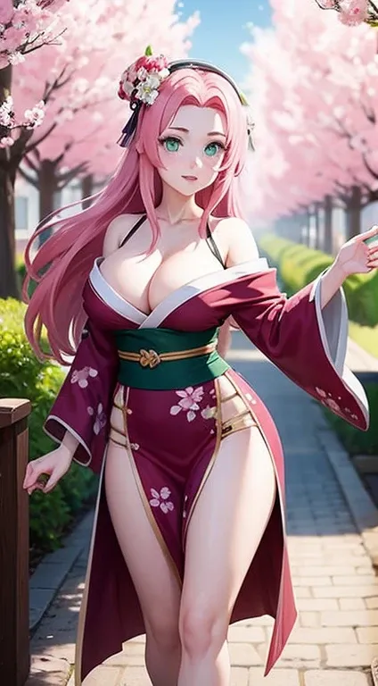 (masterpiece), best quality, expressive green eyes, perfect face, massive boobs, big breast, standing, wearing a kimono, cherry blossom trees background, flowers on her head, front facing, pink hair, thigh legs , curvy shaped body, Sakura Haruno