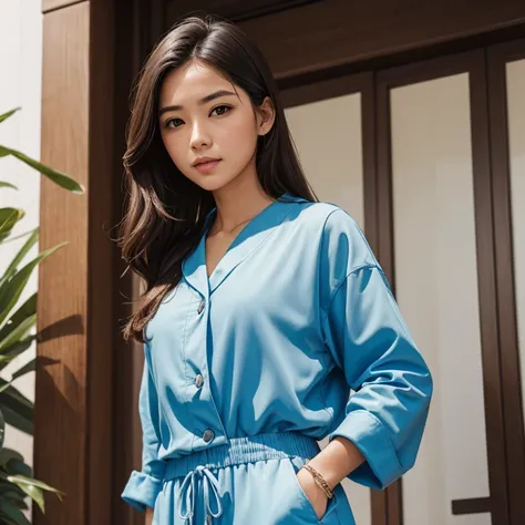 24 age, girl wearing sky blue jumpsuit 