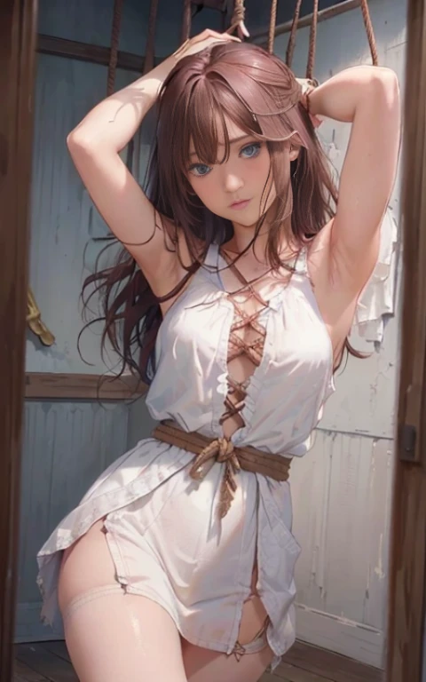 ((masterpiece)), ((best quality)), (ultra-detailed), NSFW, torture room,whole body is tied to a pillar,(((rope strongly bound waist))),a cute girl, 1girl, solo, white girly mini tanktop dress,(both wrists tied above the head), (both wrists tied to a pillar...