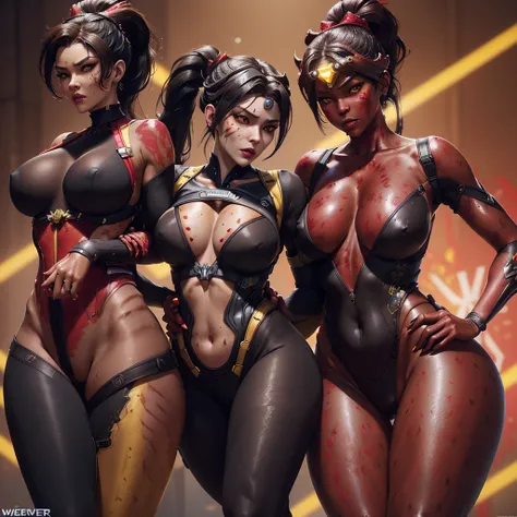 (masterpiece), best quality, 1 girls, passion, lust,  (cleavage), ultra-realistic, 8k, stunningly beautiful, intricate details, realistic, high saturation, 
(Widowmaker_(overwatch), black ponytail hair, (red skin:1.4), yellow eyes, (large breasts:1.1), (bl...