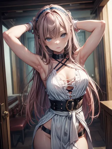 ((masterpiece)), ((best quality)), (ultra-detailed), NSFW, torture room,whole body is tied to a pillar,(((single belt strongly bound waist))),a cute girl, 1girl, solo, white girly mini tanktop dress,(both wrists tied above the head), (both wrists tied to a...