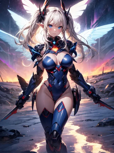 (masterpiece、highest quality, very detailedティッカーユニティ、8k wallpaper、Depth of written boundary, Ultra-fine illustration:1.5)、。.。.3D, very detailed, (Full body Esbian、Mecha elf girl:1.3),  sci-fi battlefield、Hawken, shy smile, open your mouth、short ponytail ha...