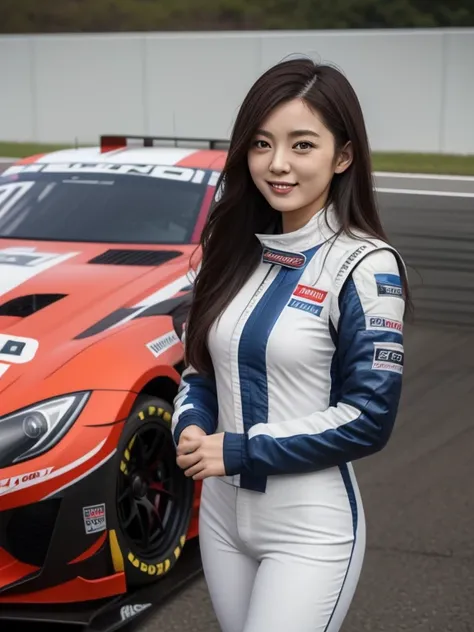 8K, table top, highest quality, photo-realistic, super detailed, 1 girl, Asian, moving body, realistic skin texture, long hair, (chest:1.0), (smile:1.0), look at the viewer, (Form Fitting Car Racing Suit), (Without helmet), movie lighting, face focus, fine...