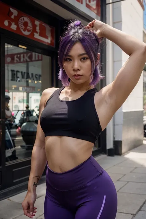 black jacked fit asian gym model crop top leggings cute face downtown purple hair
