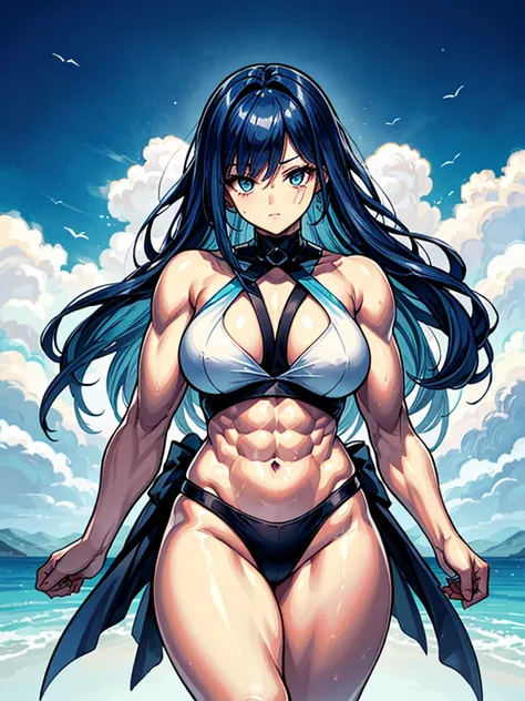 （（（masterpiece、Highest image quality、highest quality、highly detailed unity 8ｋwallpaper）））、（（Illustration of one girl））、（（（beautiful girl）））、blue hair、stocky build, thickset physique：1.3, muscular legs, broad shoulders, solid chest、white clothes