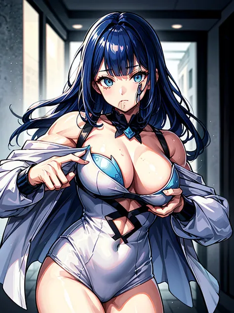 （（（masterpiece、Highest image quality、highest quality、highly detailed unity 8ｋwallpaper）））、（（Illustration of one girl））、（（（beautiful girl）））、blue hair、stocky build, thickset physique：1.3, muscular legs, broad shoulders, solid chest、white clothes