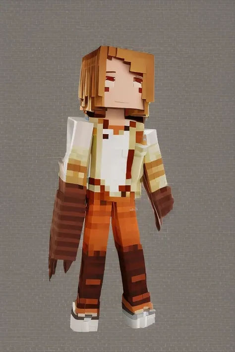 Character sheet, Mincraft skin, Style of minecraft, minecraft person, blocky like minecraft, blocky person, blocky girl, full body, little smile, Long hair, Brown hair, Red eyes, Long pants