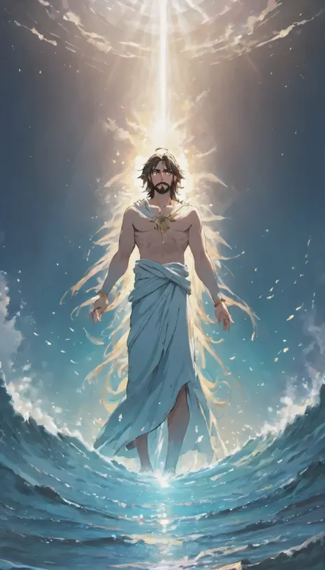 jesus christ standing on the ocean, epic clouds and godlike lighting, concept art of god, by Ludwik Konarzewski Jr, the god of the sea, epic biblical depiction, by Ludwik Konarzewski, god lighting, powerful god, by Aleksander Gierymski, the god poseidon