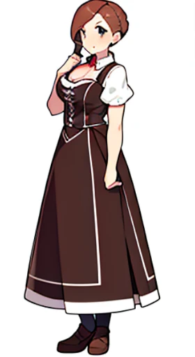 solo woman, (((blurry background, white background))), character focus, standing, full body, clerk, salesperson, Earth Tones Color outfit, dirndl,
