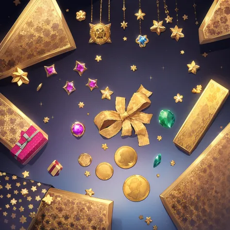 A gift box, gems, gold coins, patterns, stars,  
high-definition, game icons, patterns, black background   