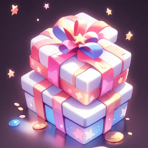 a gift box, gems, gold coins, patterns, stars, high-definition, game icons, patterns, black background