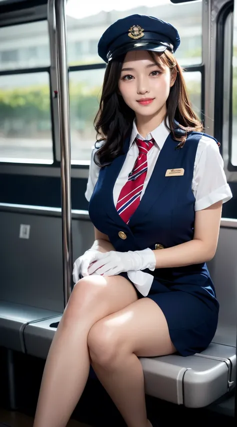 (((full body,including legs)))、(((perfect uniform of Japanese stewardess, blue striped necktie, vest-dress uniform、small hat, white formal short gloves,(black high-heel),  ((with a small pipe flag in one hand))),bus guide,日本のバスガイド、little smile,white blouse...