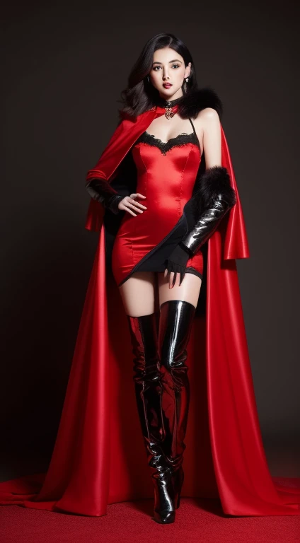 in hotel,asian beauty,be realistic,red sequin short dress,A super long and wide black satin vampire cloak that wraps around the body,cape,with fur triming,with a red satin bat style collar that reaches to the top of the head,Black thighhigh boots with stil...