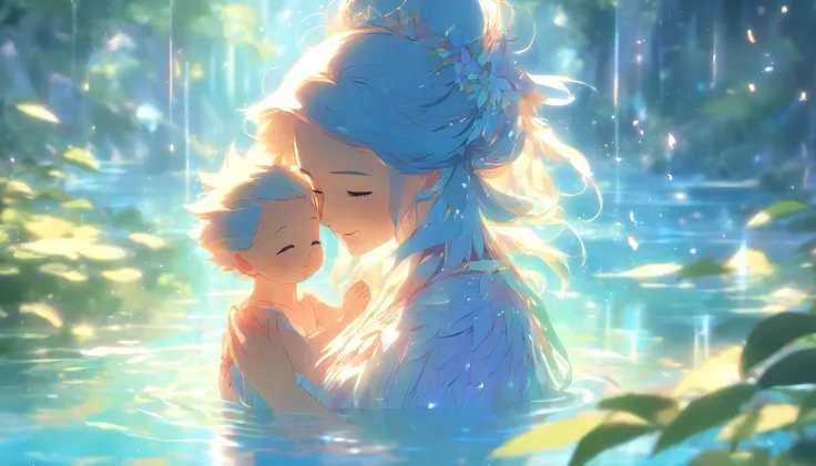 Mothers and children、Mother and child with a gentle smile(boy)Gently put transparent feathers on the back of、The whole body is reflected、The world where life is born、Blue sunlight filtering through the leaves like in the water、fantasy、Japanese style super ...