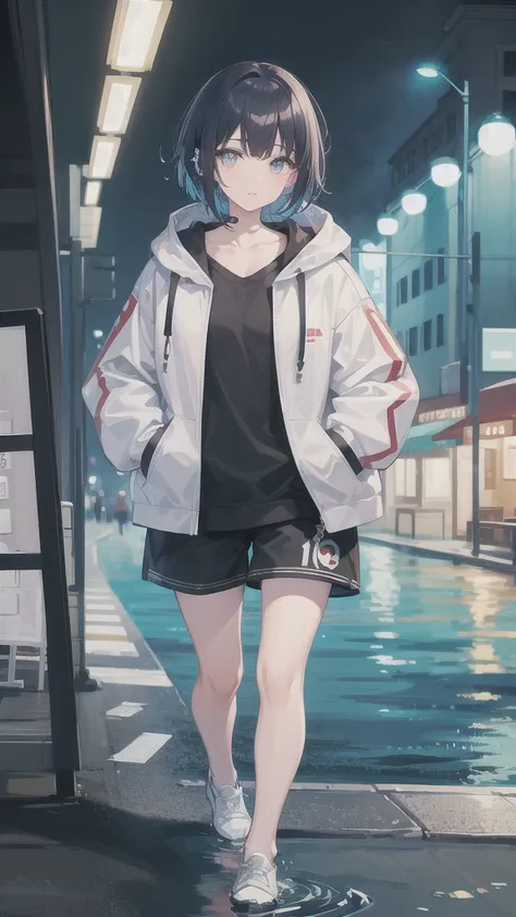 8K resolution、((highest quality))、((masterpiece))、((super detailed))、1 female、solo、incredibly absurd、oversized hoodie、headphones、street、outdoor、rain、neon、short cut hair、bright colored eyes、put one&#39;s hand in one&#39;s pocket、shorts、water dripping