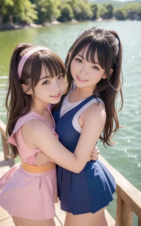 (2 girls of the same age:1.2) , Couple focus, japanese girl, Lovely, Number 14, Upper body, cheek to cheek,permanent,high saturation,  Sleeveless sailor suit,Double tail,   (Smile), Hair ring, low contrast, best quality, ultra high definition, Photorealist...