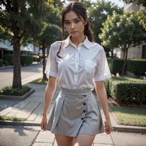 cinematic photo cinematic film still sm4c3w3k, white fabric, grey fabric,full body  photo of the most beautiful woman in the world wearing the sm4c3w3k, collared shirt, short sleeves, skirt, pocket,  . shallow depth of field, vignette, highly detailed, hig...