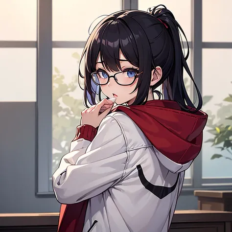 messy hair、dull bangs、ponytail、messy hair、Sloppy、cross-eyed、drunk、looked back、( fool / Sexual ecstasy)、looked back、Glasses、highest quality, Super delicate illustration, Beautiful charming anime girl, slender body, tied hair, one girl,wearing a hood,hoodie、...