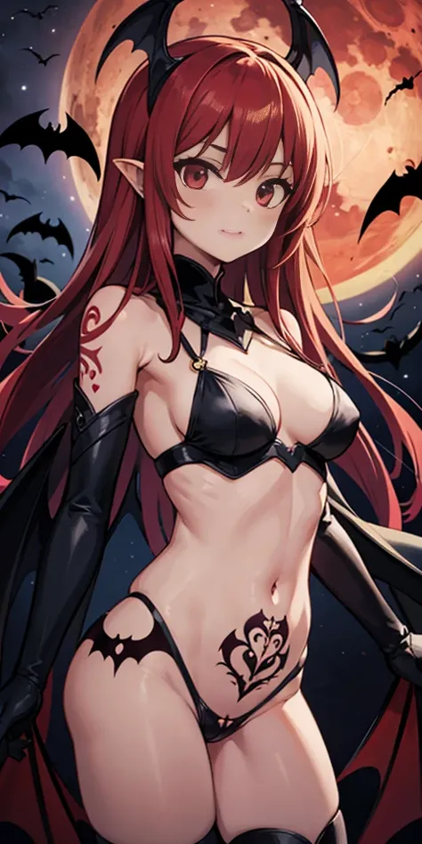 (masterpiece), 1girl, medium breasts, crimson hair, crimson sky, red crimson moon, vampire, bat, womb tattoo