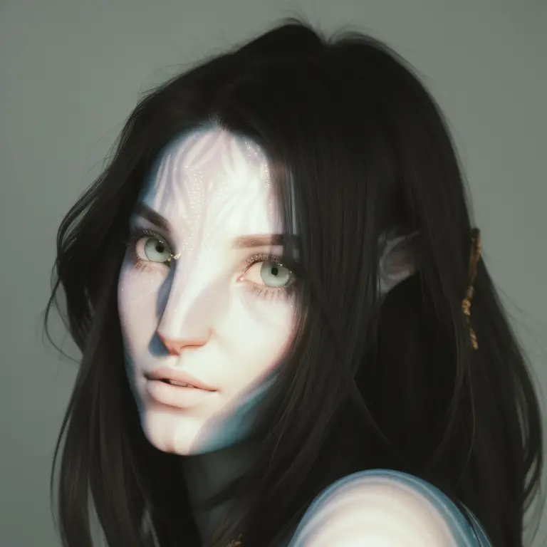 avtr:1.1, avatar style, portrait:1.6, 1girl, female, (blue skin tone:1.0), (long hair:1.0), dark brown hair color, 18 years old:...