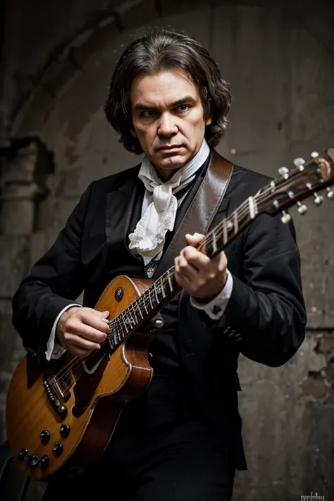 Ludwig van Beethoven tocando guitarra, heavy metal music, no inferno, caveiras, chamas