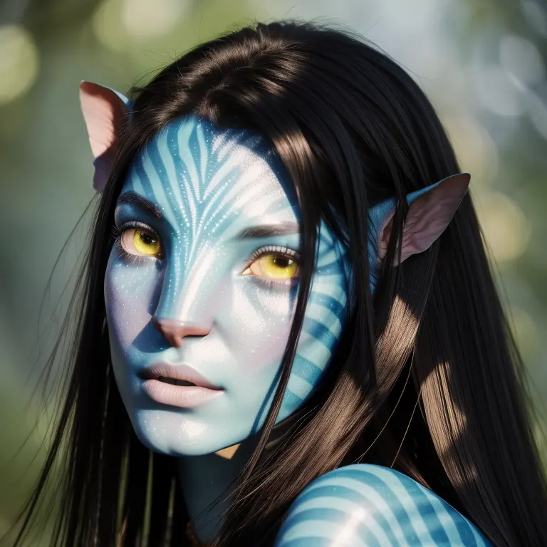 avtr:1.1, avatar style, portrait:1.6, 1girl, female, (blue skin tone:1.0), (long hair:1.0), dark brown hair color, 18 years old:...