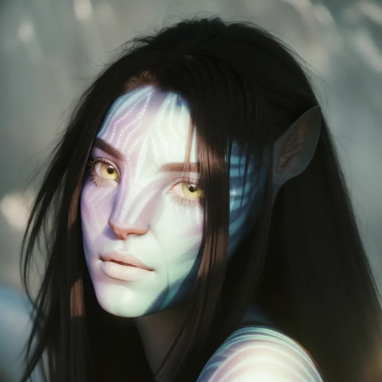 avtr:1.1, avatar style, portrait:1.6, 1girl, female, (blue skin tone:1.0), (long hair:1.0), dark brown hair color, 18 years old:...