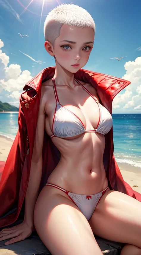 Absolutely beautiful，Buzz cut，，Handsome，girl，red pupils，White cape，bikini，coat，underwear，