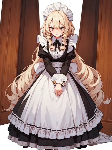 Girl at the front,((full body esbian,long curly white hair,Maid clothes,get annoyed)),Beth,Put your hands in front of you,young, white background