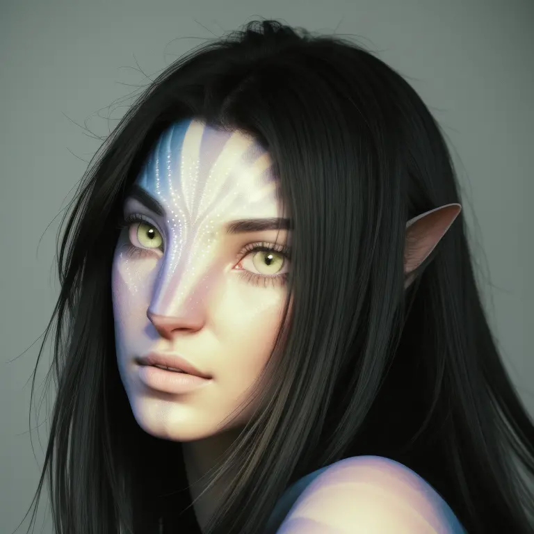 avtr:1.1, avatar style, portrait:1.6, 1girl, female, (blue skin tone:1.0), (long hair:1.0), dark brown hair color, 18 years old:1, face wrinkles, wearing tribal clothing, wearing a top, detailed eyes, toned body, muscled body, vibrant colors, glowing, ethe...