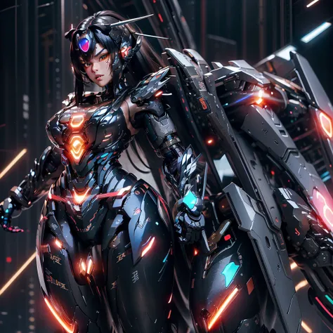 Illustrate a detailed and stunning portrait of a girl, long black hair, heterochromia eyes , (Meccha girl, ultra detailed, neon cyber suit), in a dynamic pose ,open cleavage, full body