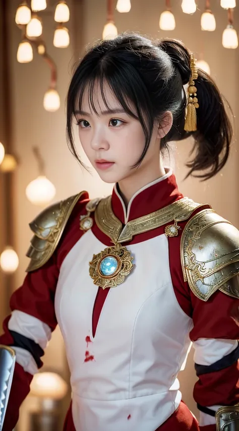 A professional portrait photo，masterpiece，top Quority，A Chinese female knight，18 years old，Black high ponytail short hair、Exquisite baby fat face，The skin is delicate and white，(((( There are knife wounds on the body，Tears and lots of blood))))，Plump and s...