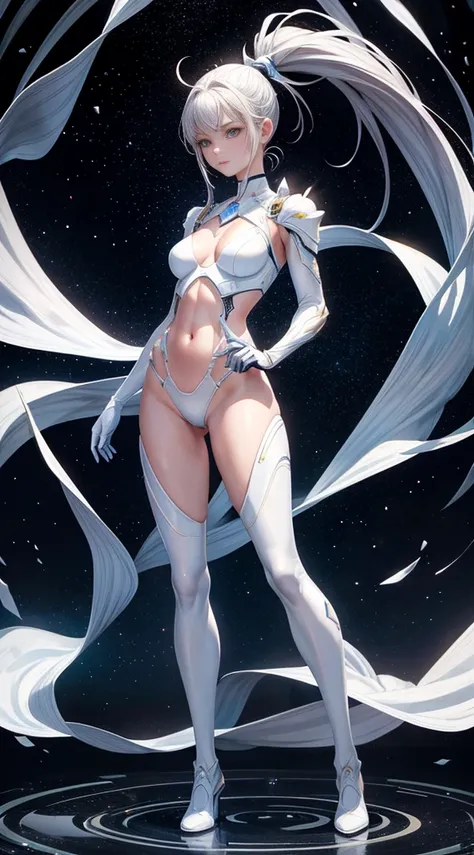 full-body shot，masterpiece，Extreme，Beautiful girl with fair skin，With a high ponytail，，Cold eyes，Wearing a transparent white shaping future technology armor，Expose the crotch，Expose the navel and lower abdomen，Standing in the starry sky，Showing off underwe...