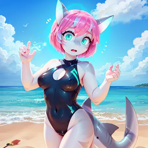 Short shocked shark with white skin with long Pink hairs with Blue Highlights and glowing Green eyes wearing Black swimsuit looking at her hand while other hand  on her breast there are some traces of magic floating around her she is in a beach