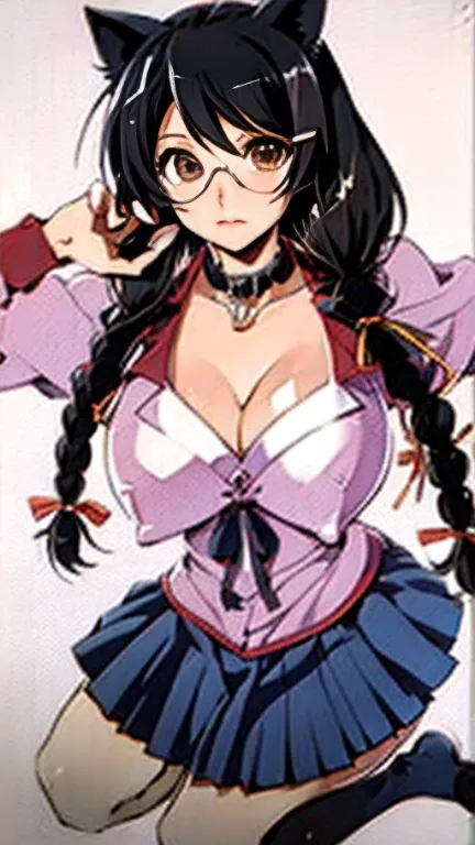 Tsubasa Hanekawa、Glasses、black hairの、big breasts、 (black hair, brown eyes, round face), big breasts, With ribbon, [full body shot]、wearing a black dog collar,full body shot、Glasses、head to toe shot、Compete for big breasts in the bright sunlight、I compresse...