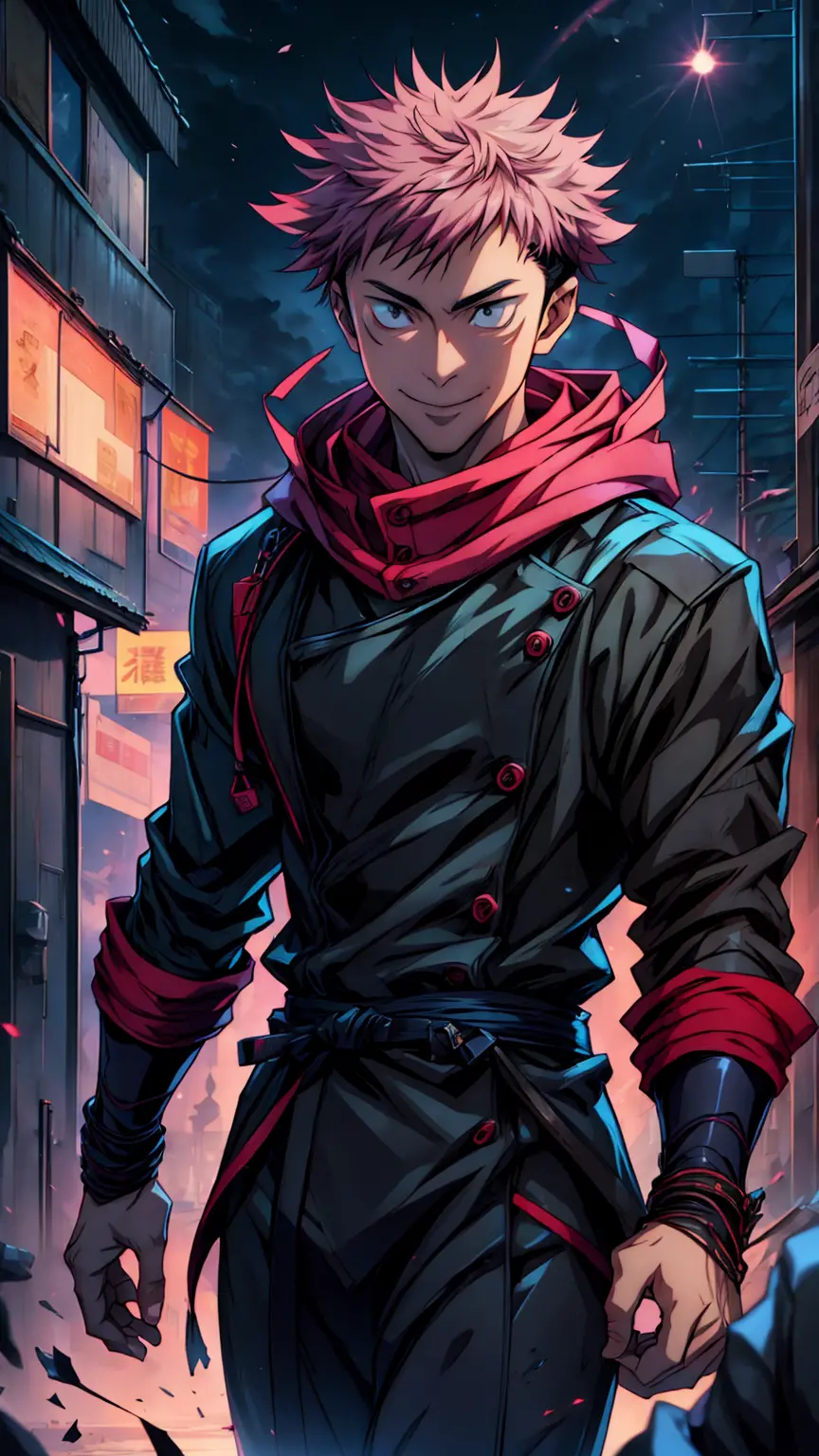 1boy, full body shot, 173 cm, itadori yuuji, black outfit, pink hair, look at sky, smile, red and dark moon city night backgroun...